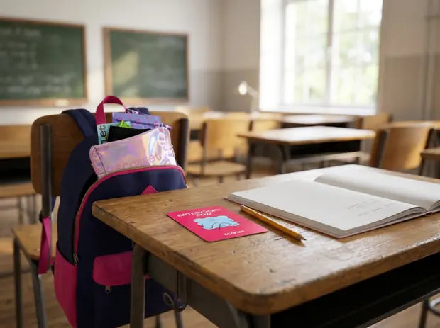 The Scarlet bathroom pass on a school desk