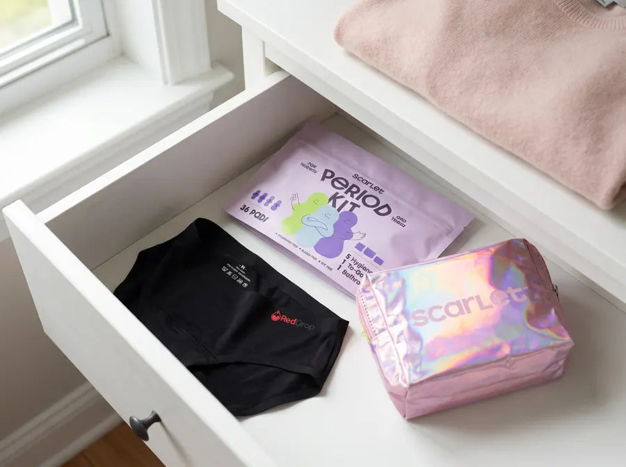 Scarlet period underwear folded in a drawer with the Period Kit