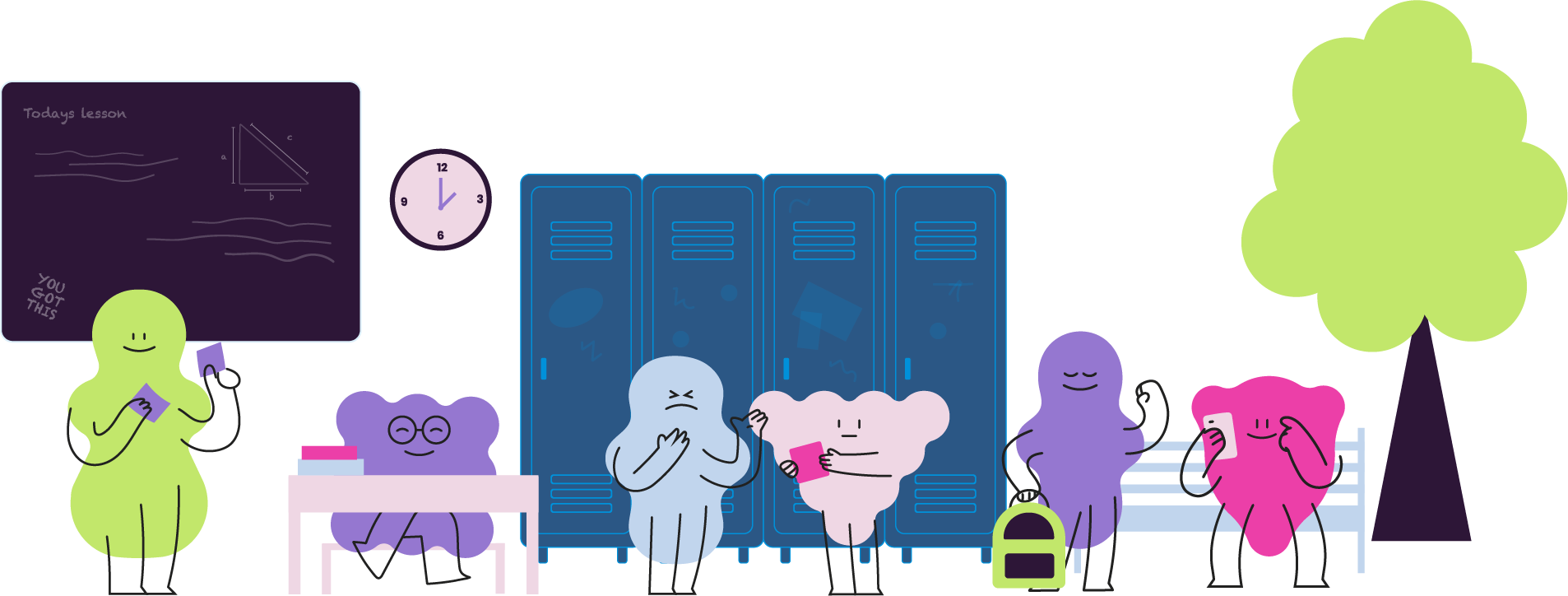Scarlet school character scene with lockers, classroom icons, and students