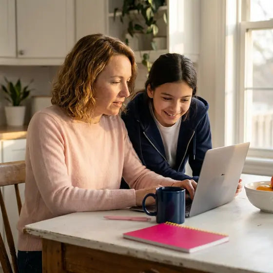 Mom and daughter at the kitchen table looking at a laptop together