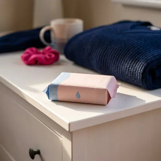 A slim pastel teen pad pack on a dresser