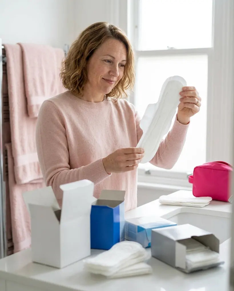 A mom at a bathroom counter covered in different store pad boxes, holding up a long pad