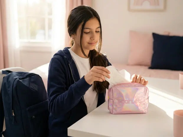 A teen slipping a Scarlet pad into her pouch