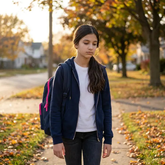 A teen girl walking home from school, looking quiet
