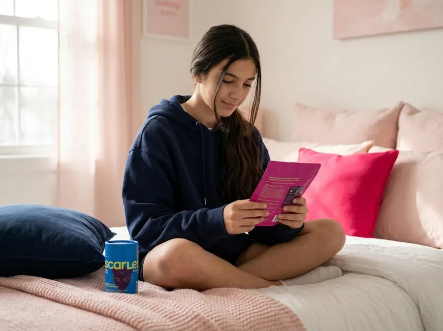 A teen reading the Scarlet tampons pouch on her bed