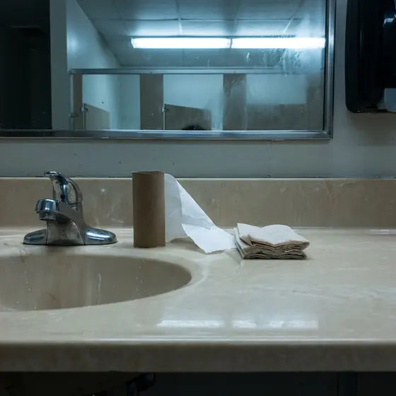 Folded toilet paper on a school bathroom sink