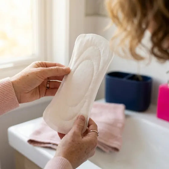 A mom holding up a long, wide adult pad