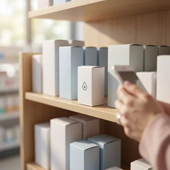 A drugstore shelf of pad boxes with a small box pulled forward