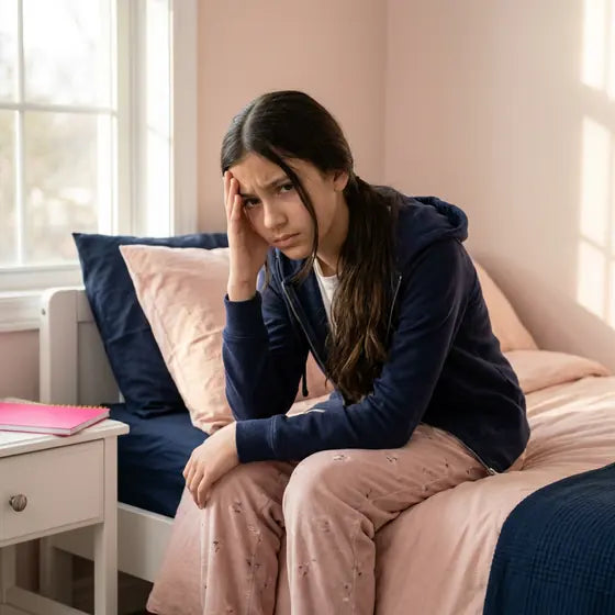 A teen girl sitting on her bed in the morning, looking worried