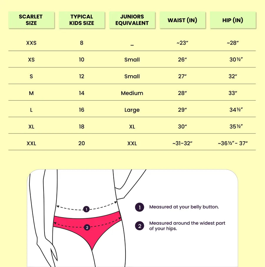 Scarlet underwear size chart with kids sizes, waist and hip measurements