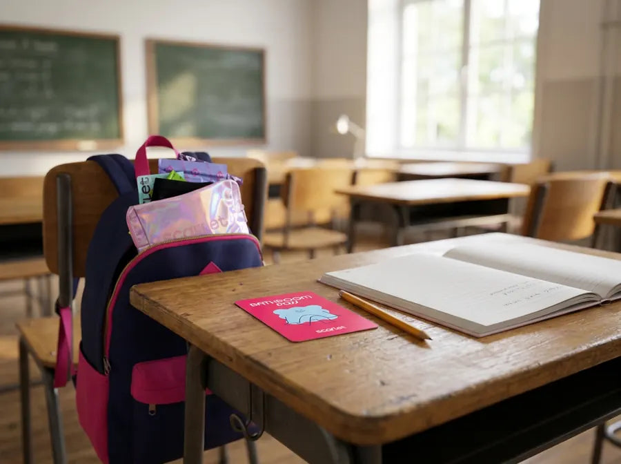 The Scarlet bathroom pass on a school desk, pouch in the backpack